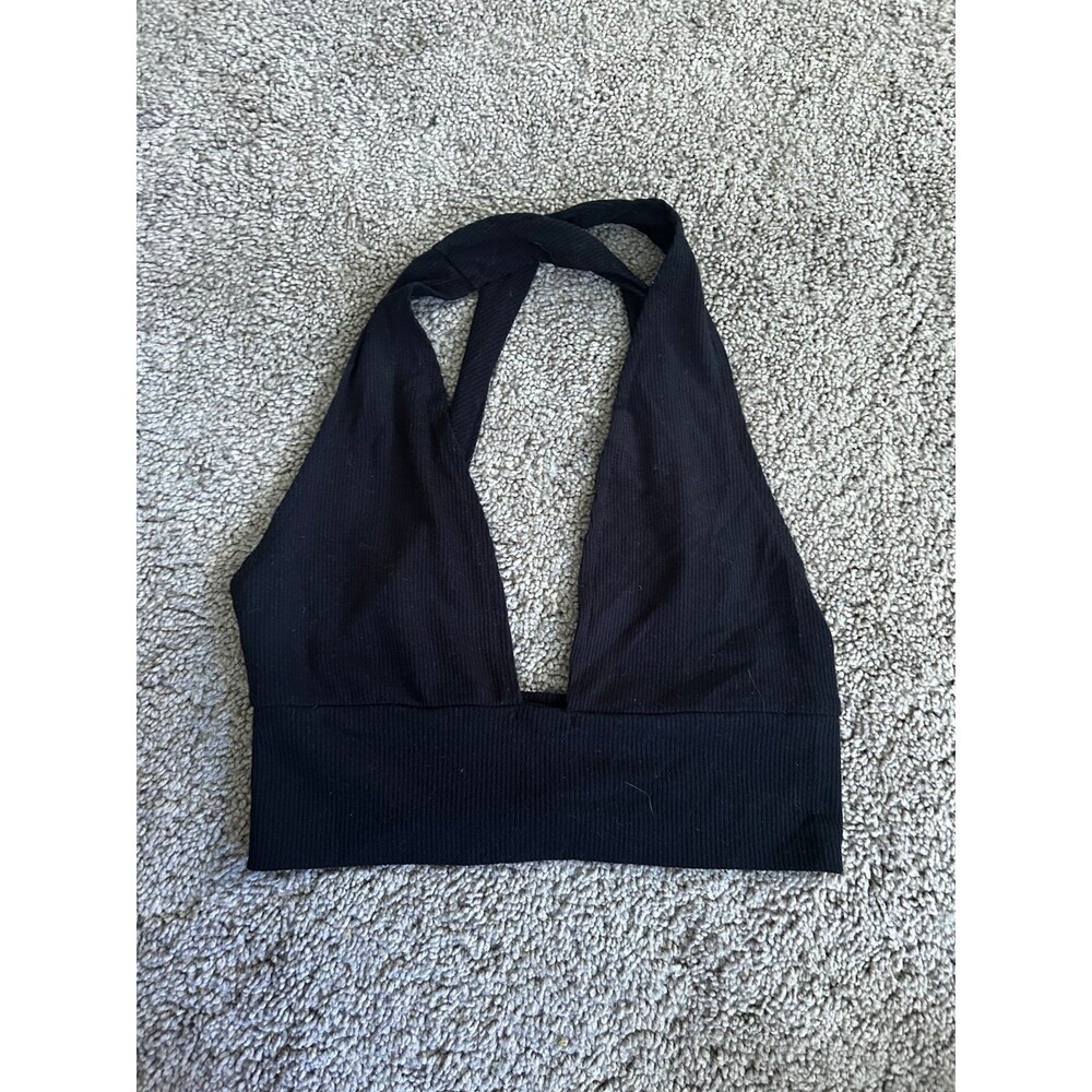 SHEIN Black Ribbed Halter Crop Top XS Open Back Plunge Sleeveless Clubwear